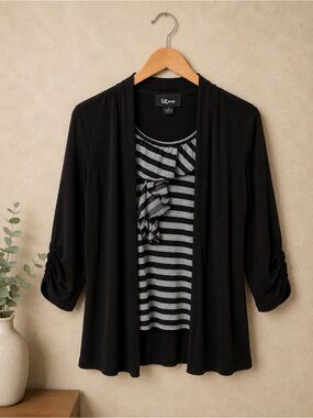 IZ Byer Black Open Front Cardigan Layered Stripe Ruffle Blouse Top Size M